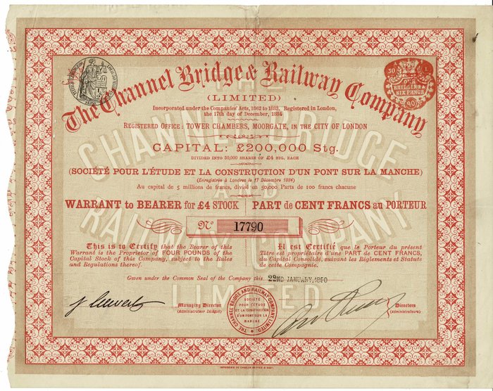 Storbritannien. - 4 Pounds 1890 - The Channel Bridge Railway Company  (Ingen mindstepris)