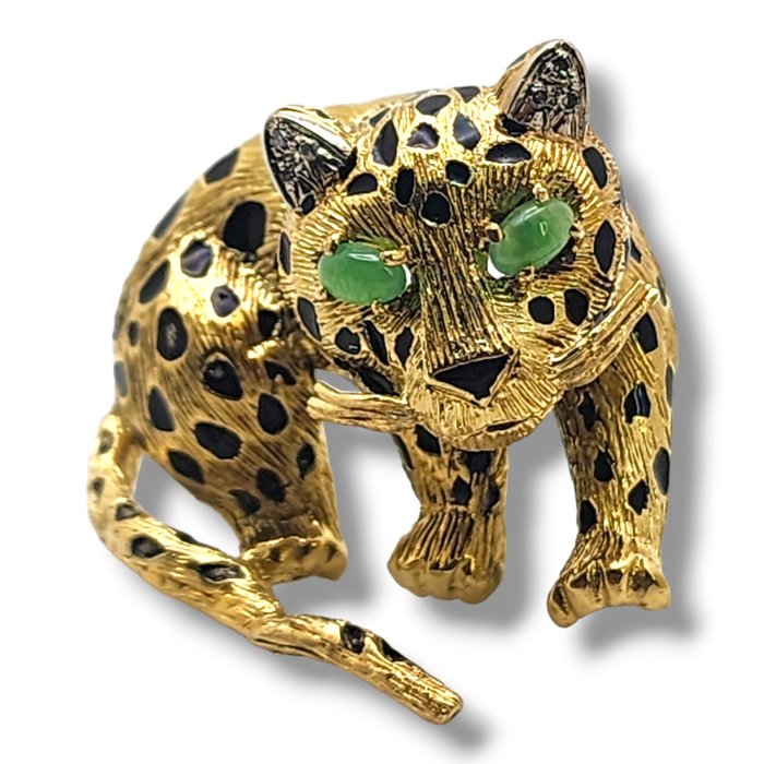 Broche - 18 kraat Gulguld, 18 karat gult guld og diamant leopardbroche 21 gram