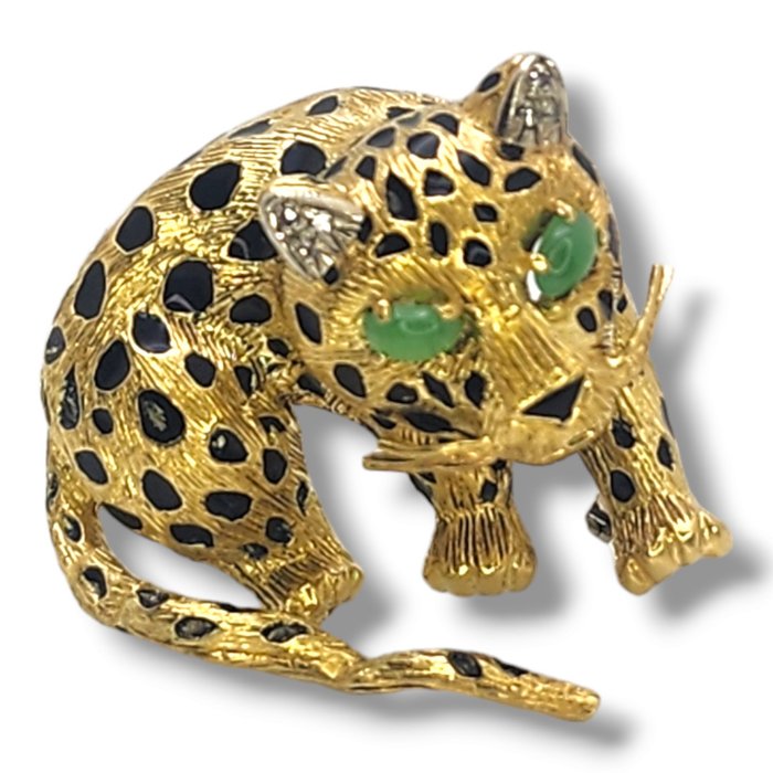 Broche - 18 kraat Gulguld, 18 karat gult guld og diamant leopardbroche 21 gram