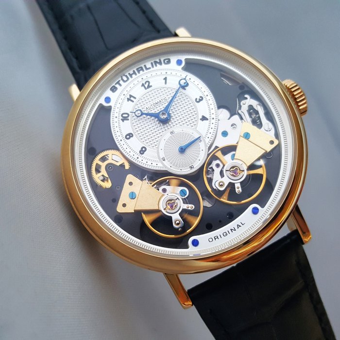 Stührling Original - Twin Balance - 45 Jewels - Automatic - Double Open Heart - Gold - Ingen mindstepris - Mænd - Ny