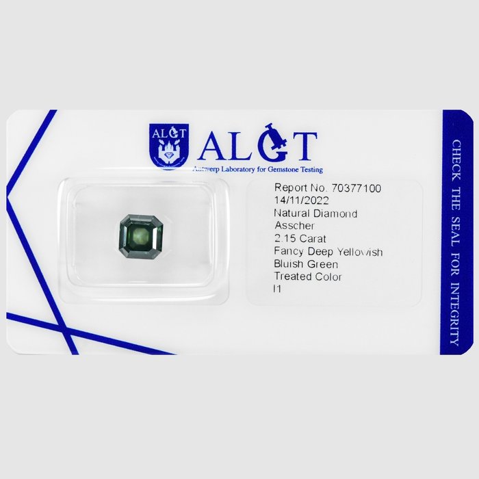 1 pcs Diamant  (Farvebehandlet)  - 2.15 ct - Fancy deep Blålig Grøn - I1 - Antwerp Laboratory for Gemstone Testing (ALGT)