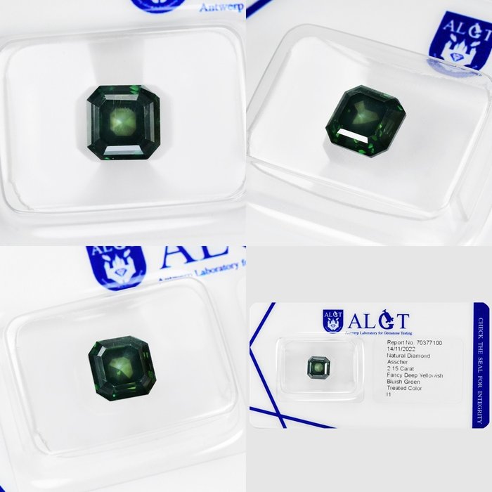 1 pcs Diamant  (Farvebehandlet)  - 2.15 ct - Fancy deep Blålig Grøn - I1 - Antwerp Laboratory for Gemstone Testing (ALGT)