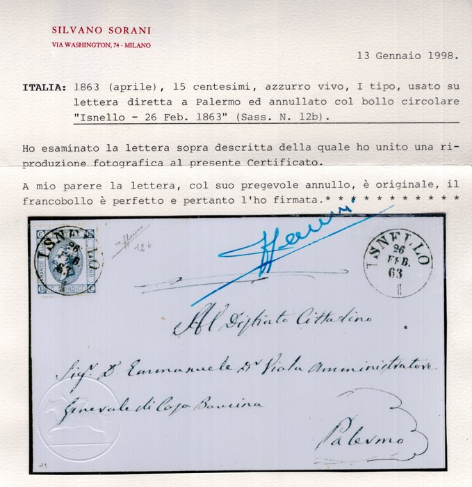 Italien Kongerige 1863 - "Litografi" 15c. lyseblå 1. type, brugt på bogstav - "Isnello" annullering med 9 point!!! Smuk og - Sass. n° 12b