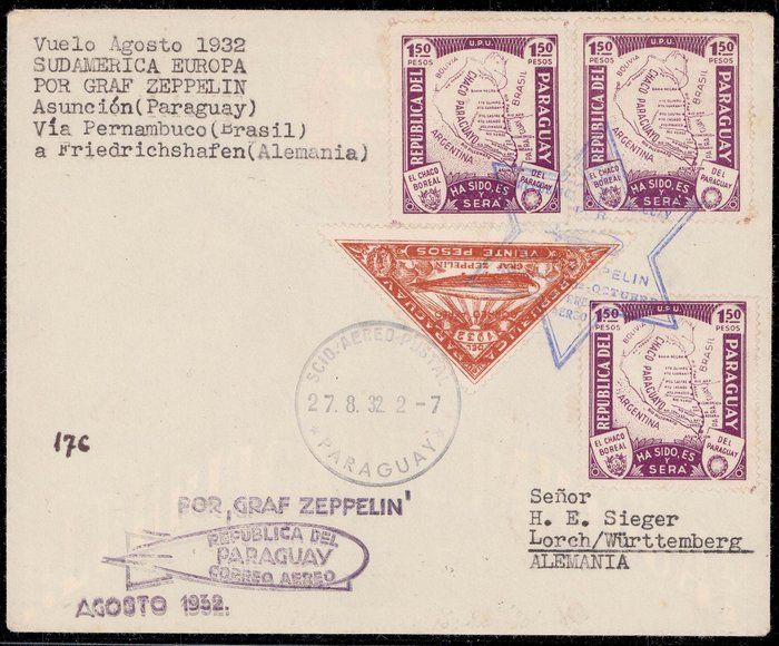 Paraguay 1932 - Luftskib Graf Zeppelin 5. Southameriflight 1932 - Paraguayansk postregistreret forside