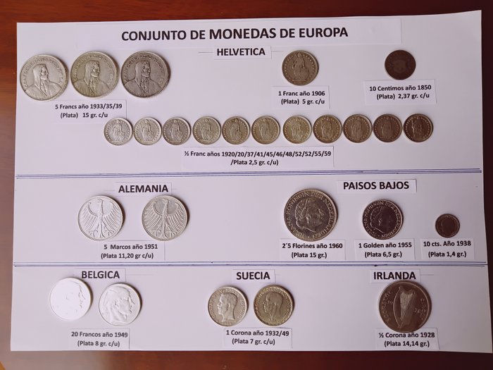 Belgien, Nederlandene, Holland, Schweiz, Sverige, Tyskland. 26 monedas plata con un peso total de 170 grs aproximadamente. 1850/1960  (Ingen mindstepris)