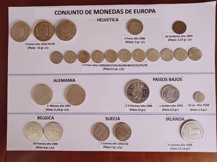 Belgien, Nederlandene, Holland, Schweiz, Sverige, Tyskland. 26 monedas plata con un peso total de 170 grs aproximadamente. 1850/1960  (Ingen mindstepris)