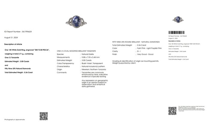 Ingen mindstepris - Ring - 14 karat Hvidguld -  336ct tw Tanzanit - Diamant - IGI 300 ct lavendel