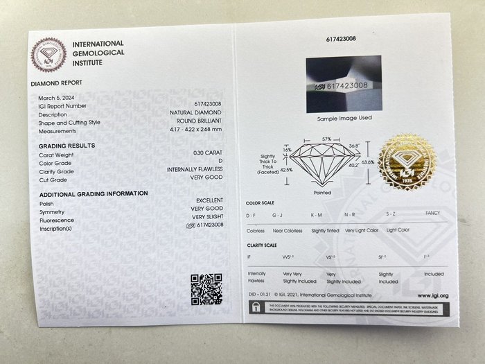 1 pcs Diamant  (Natur)  - 0.30 ct - Rund - D (farveløs) - IF - International Gemological Institute (IGI)