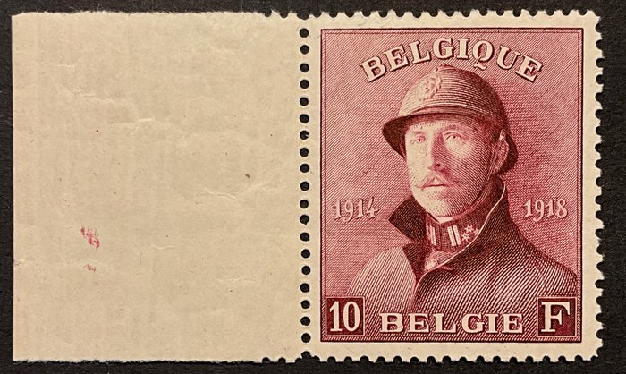 Belgien 1919/1919 - Albert I Helm - 10fr. Vinrød - Smukt center med fløjlskant - POST-FRISK - OBP 178