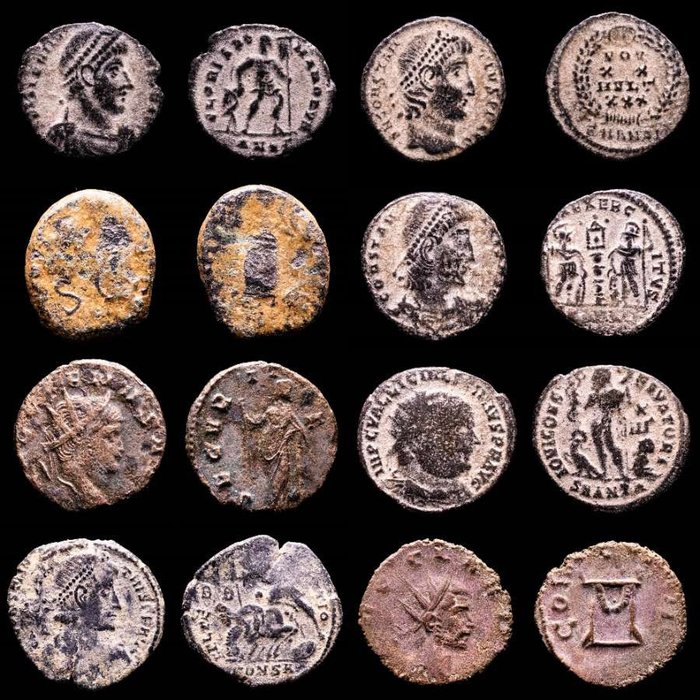 Romarriket. Lot comprising eight (8) AE coins:  Antoninianus, Follis, Maiorinas. Antoninianus, Follis, Maiorinas. Valentinianus, Constantius II (3), Claudius I, Claudius II, Gallienus  (Licinius I)  (Ingen mindstepris)