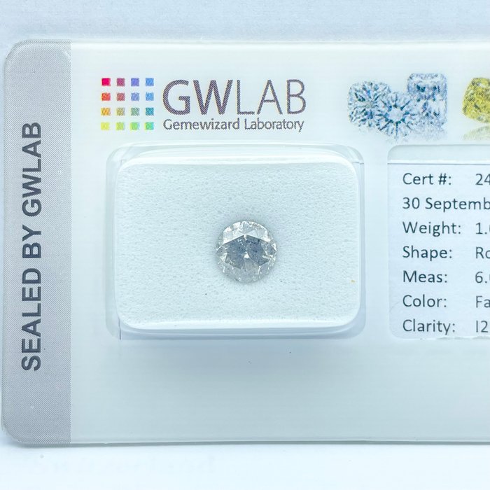 Ingen mindstepris - 1 pcs Diamant  (Naturfarvet)  - 1.00 ct - Rund - Fancy Grå - I2 - Gemewizard Gemological Laboratory (GWLab)