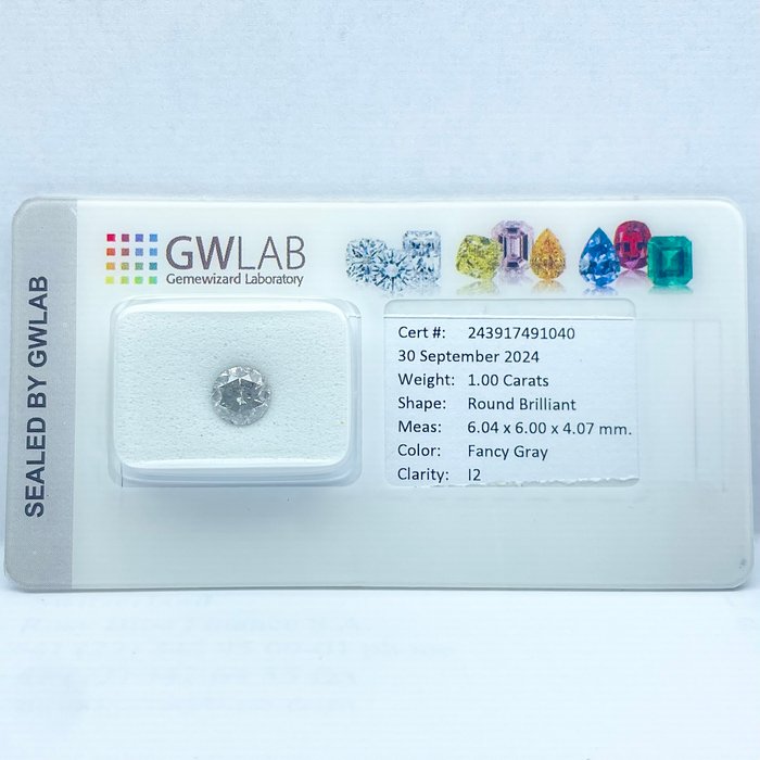 Ingen mindstepris - 1 pcs Diamant  (Naturfarvet)  - 1.00 ct - Rund - Fancy Grå - I2 - Gemewizard Gemological Laboratory (GWLab)