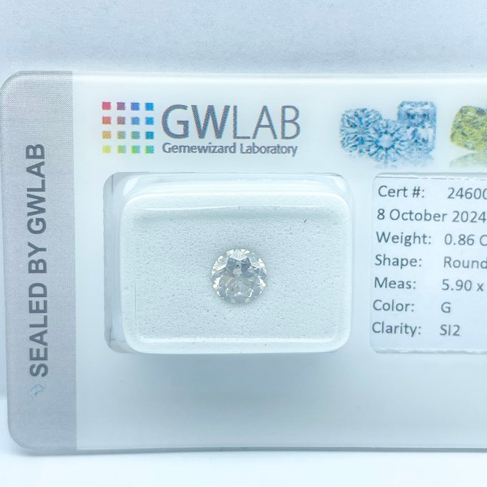 Ingen mindstepris - 1 pcs Diamant  (Natur)  - 0.86 ct - Rund - G - SI2 - Gemewizard Gemological Laboratory (GWLab)