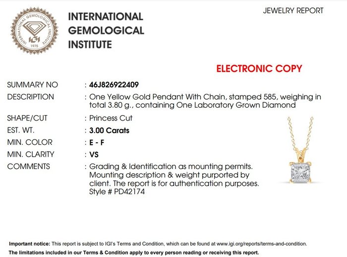 Vedhæng - 14 karat Gulguld -  3.00ct. tw. Diamant (Laboratoriedyrket)