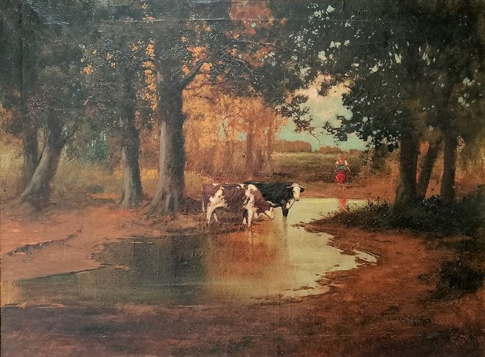 László Neogrady (1896-1962) - Woman with two cows in Autumn landscape