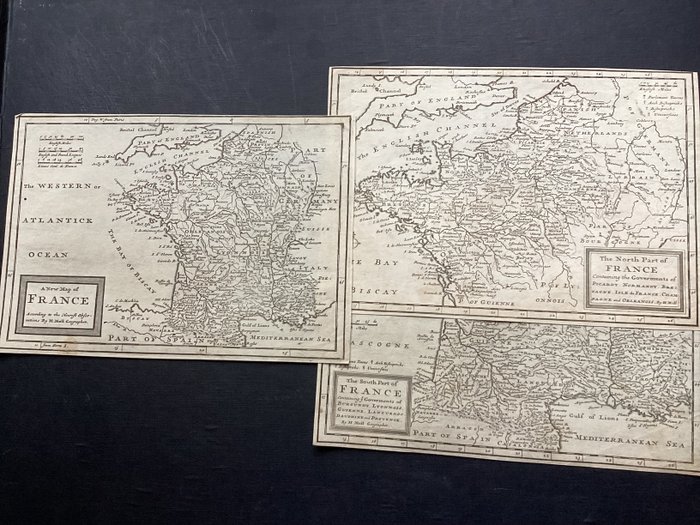 3 maps of France - .; Herman Moll ( c.1654–1732) - France / The South Part of France / The North Part of France - 1701-1720