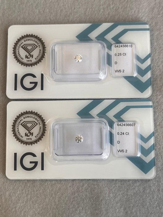 2 pcs Diamant  (Natur)  - 0.49 ct - Rund - D (farveløs) - VVS2 - International Gemological Institute (IGI)