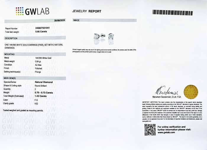 Øreringe - 14 karat Hvidguld -  1.43ct. tw. Diamant (Natur)