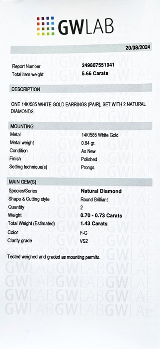 Øreringe - 14 karat Hvidguld -  1.43ct. tw. Diamant (Natur)