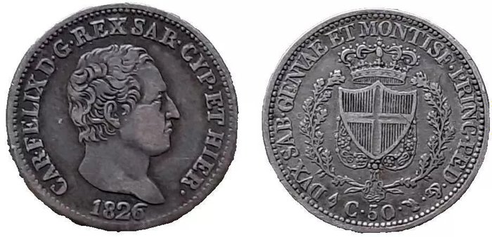 Italien, Kongeriget af Sardinien. Carlo Felice di Savoia (1821-1831). 50 Centesimi 1850 - Torino  (Ingen mindstepris)