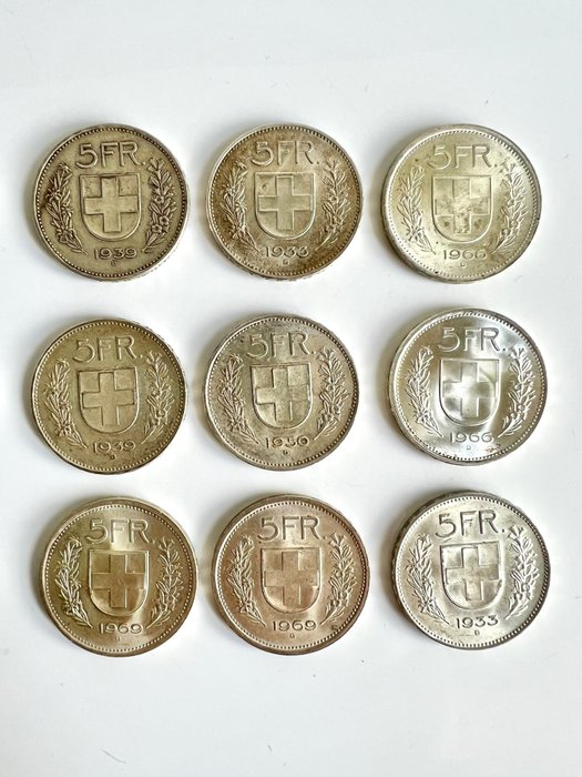 Schweiz. Lot of 9 Five Franks 1933, 1939, 1950, 1966, 1969  (Ingen mindstepris)