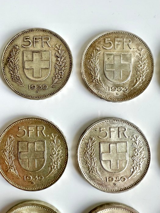 Schweiz. Lot of 9 Five Franks 1933, 1939, 1950, 1966, 1969  (Ingen mindstepris)