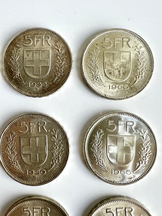 Schweiz. Lot of 9 Five Franks 1933, 1939, 1950, 1966, 1969  (Ingen mindstepris)