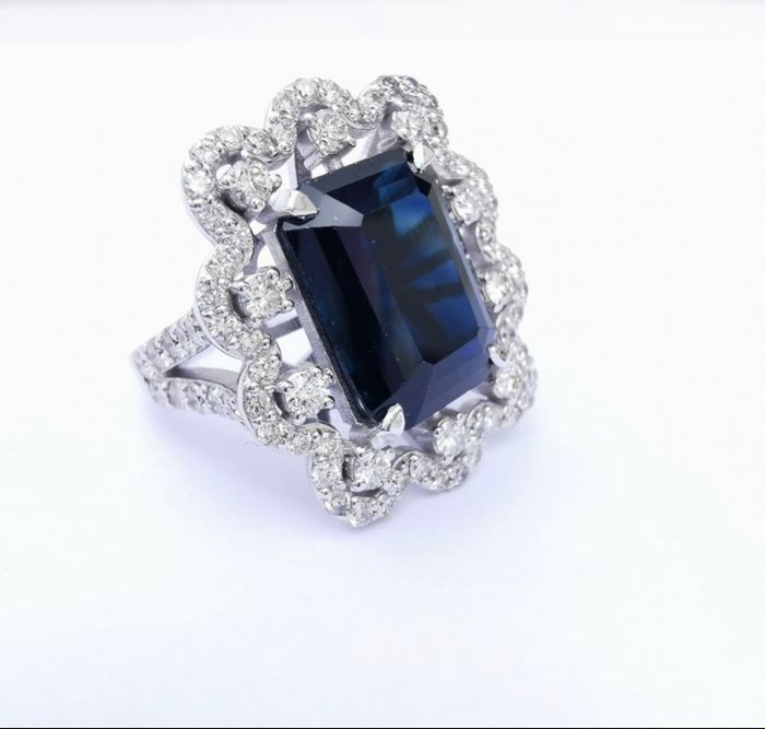 Ring - 14 karat Hvidguld Safir - Diamant - Diamant- og safirring