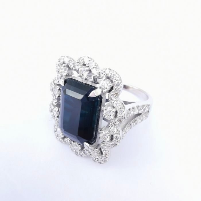 Ring - 14 karat Hvidguld Safir - Diamant - Diamant- og safirring