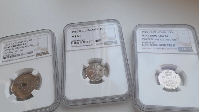 Danmark. 3 Denmark error coins in NGC holders.. 10öre-25öre 1975-1980 Naice errors MS63-65 10öre-25öre 1975-1980