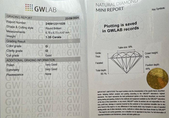 Ingen mindstepris - 1 pcs Diamant  (Natur)  - 1.35 ct - Rund - G - I2 - Gemewizard Gemological Laboratory (GWLab)