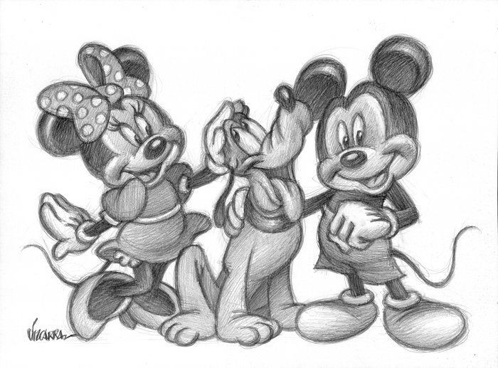 Joan Vizcarra - Mickey, Minnie, and Pluto: A Loving Moment - Original Pencil Drawing