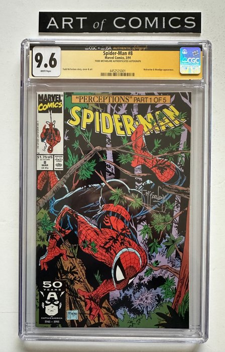 Spider-Man #8 - Signed By Todd McFarlane - Wolverine, Wendigo Appearance - CGC Graded 9.6 - 1 Signed graded comic - Første udgave - 1991