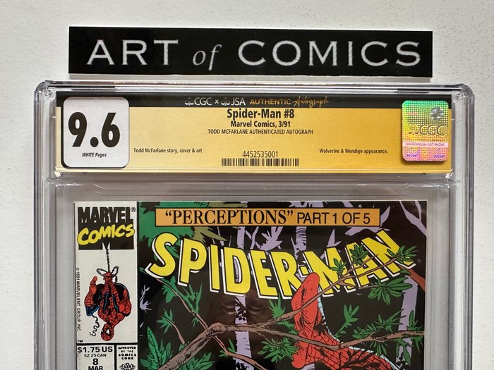 Spider-Man #8 - Signed By Todd McFarlane - Wolverine, Wendigo Appearance - CGC Graded 9.6 - 1 Signed graded comic - Første udgave - 1991