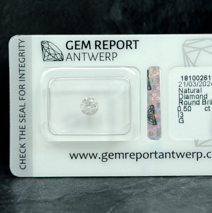 Ingen mindstepris - 1 pcs Diamant  (Natur)  - 0.50 ct - G - I3 - Gem Report Antwerp (GRA)