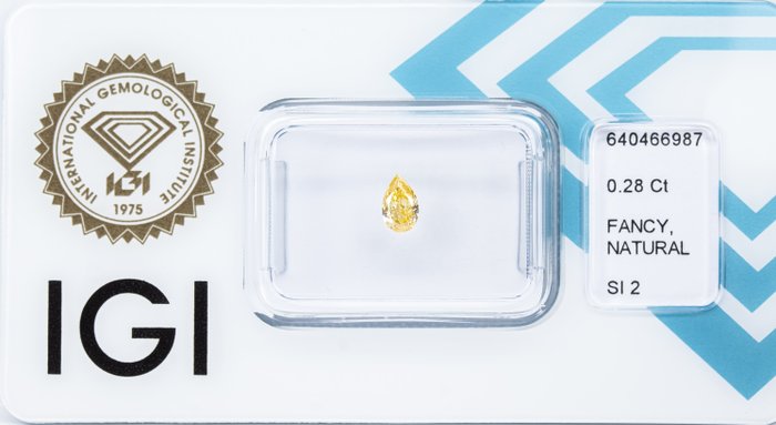 Ingen mindstepris - 1 pcs Diamant  (Naturfarvet)  - 0.28 ct - Pære - Fancy Gul - SI2 - International Gemological Institute (IGI)