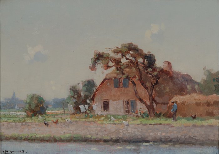 Jan Simon Knikker Sr. (1889-1957) - Boerderij aan het Water met Kippen op het Erf