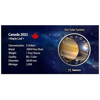 Canada. 5 Dollars 2022 Sonnensystem - Saturn, 1 Oz (.999) mit COA  (Ingen mindstepris)