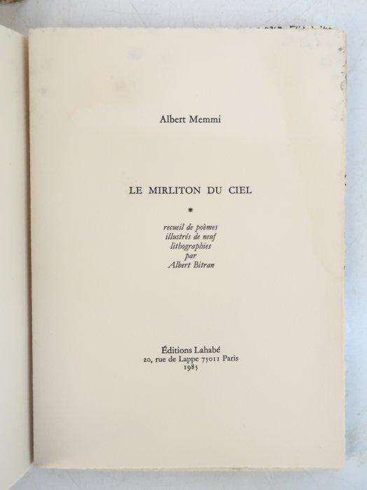 Signé; Albert Memmi / Albert Bitran - Le Mirliton du ciel.  lithographies originales d'Albert Bitran [Livre d'artiste 1/33] - 1985