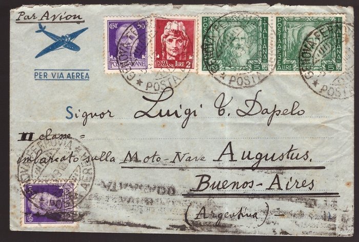 Italien Kongerige  - konvolut til Argentina fra 1939 med et par 5 lira Empire airline mønter og komplementære genstande