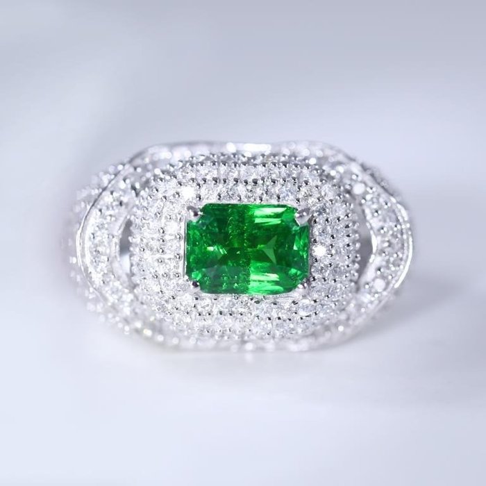 Cocktailring - 14 karat Hvidguld -  1121ct tw Tsavorit - Diamant - Tsavorite granatring