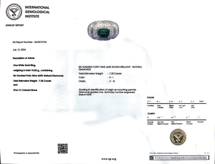 Cocktailring - 14 karat Hvidguld -  1121ct tw Tsavorit - Diamant - Tsavorite granatring