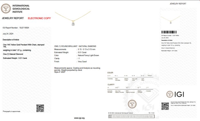 Ingen mindstepris - Halskæde med vedhæng - 14 karat Gulguld -  0.51ct. tw. Brun Diamant (Naturfarvet) - IGI