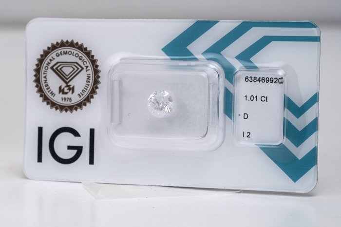 Ingen mindstepris - 1 pcs Diamant  (Natur)  - 1.01 ct - Rund - D (farveløs) - I2 - International Gemological Institute (IGI)