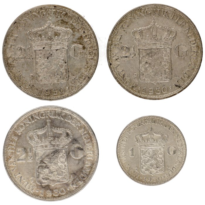 Holland. Wilhelmina (1890-1948). 1 Gulden, 2½ Gulden 1930 (4 stuks)  (Ingen mindstepris)