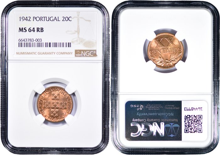 Portugal. Republic. 4 Moedas - XX Centavos 1942, 1943, 1945  1949 - NGC - MS 63-65