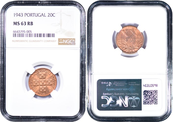 Portugal. Republic. 4 Moedas - XX Centavos 1942, 1943, 1945  1949 - NGC - MS 63-65