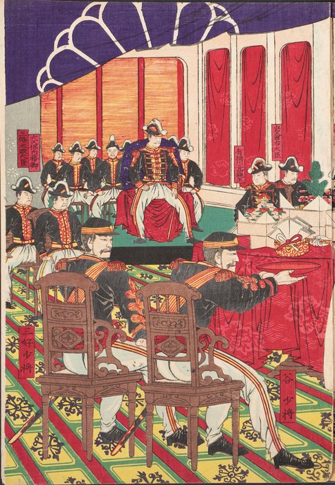 Presenting the Emperor with a Gift Cup to Celebrate the Victory of Seinan War 西南凱陣諸将賜天盃之図 - 1877 - Ichikawa Kansai 市川甘斎 (?-?) - Japan -  Meiji-perioden (1868-1912)