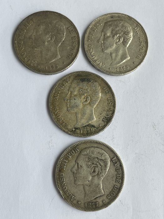 Spanien. Alfonso XII. 5 Pesetas 1875-1876-1877 (4 monedas)  (Ingen mindstepris)