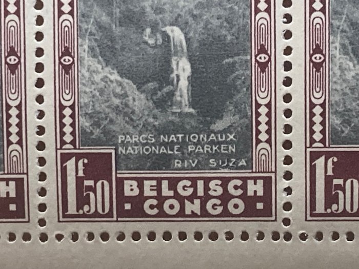 Belgisk Congo 1938 - Komplet ark med 100 'Nationalparker': værdi af 15F - OBP/COB 199 met 199-V (meertje)